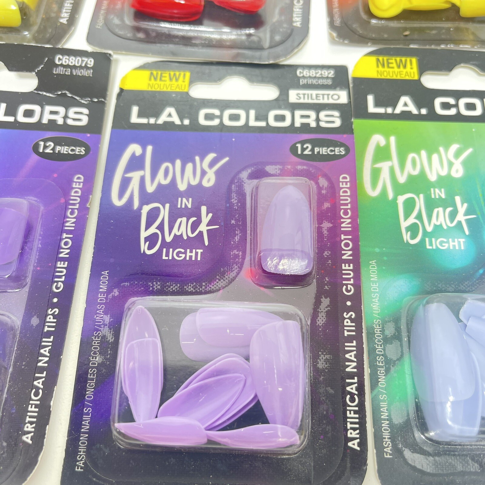 6 New L.A. COLORS Glows In Black Light Artificial Fake Nails