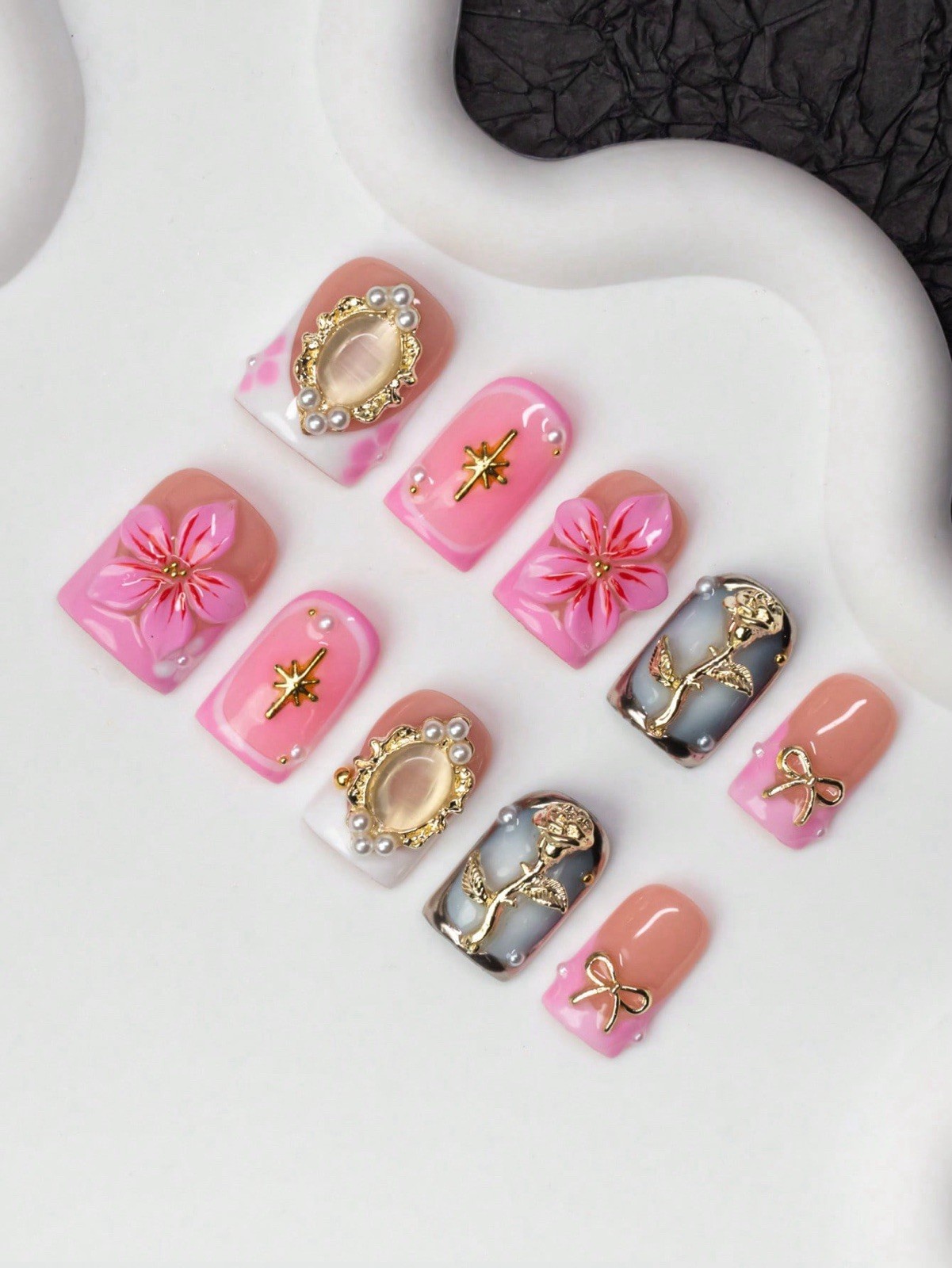 3D Pink Gold Floral Bow Pearl Square Press-On Nails Set Acrylic Full Cover