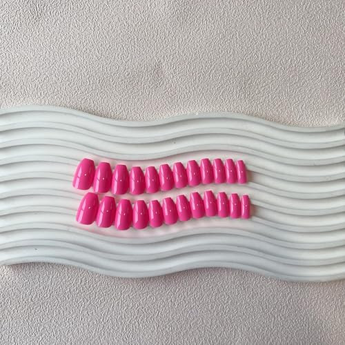 Neon Hot Pink Press on Nails Short Medium Coffin, Solid Color glossy hot pink