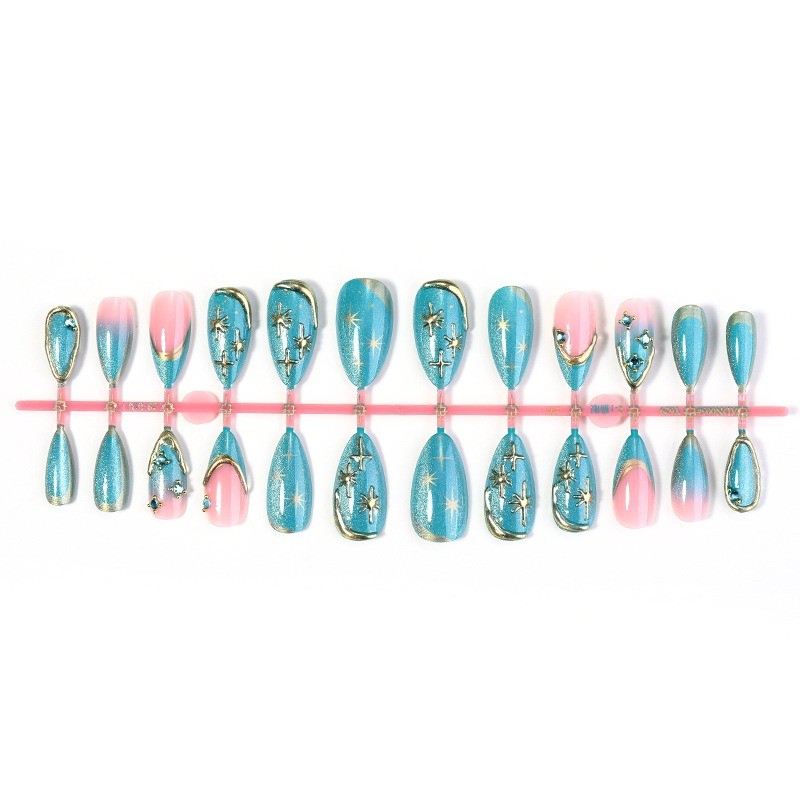 48Pcs-Teal Cat Eye Star Rhinestone Gold Line Long Elegant Almond Daily Nails
