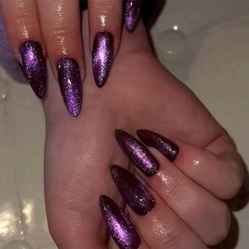 Purple Press on Nails Medium Almond Fake Nails Cat Eye R-06Purple Cat Eye