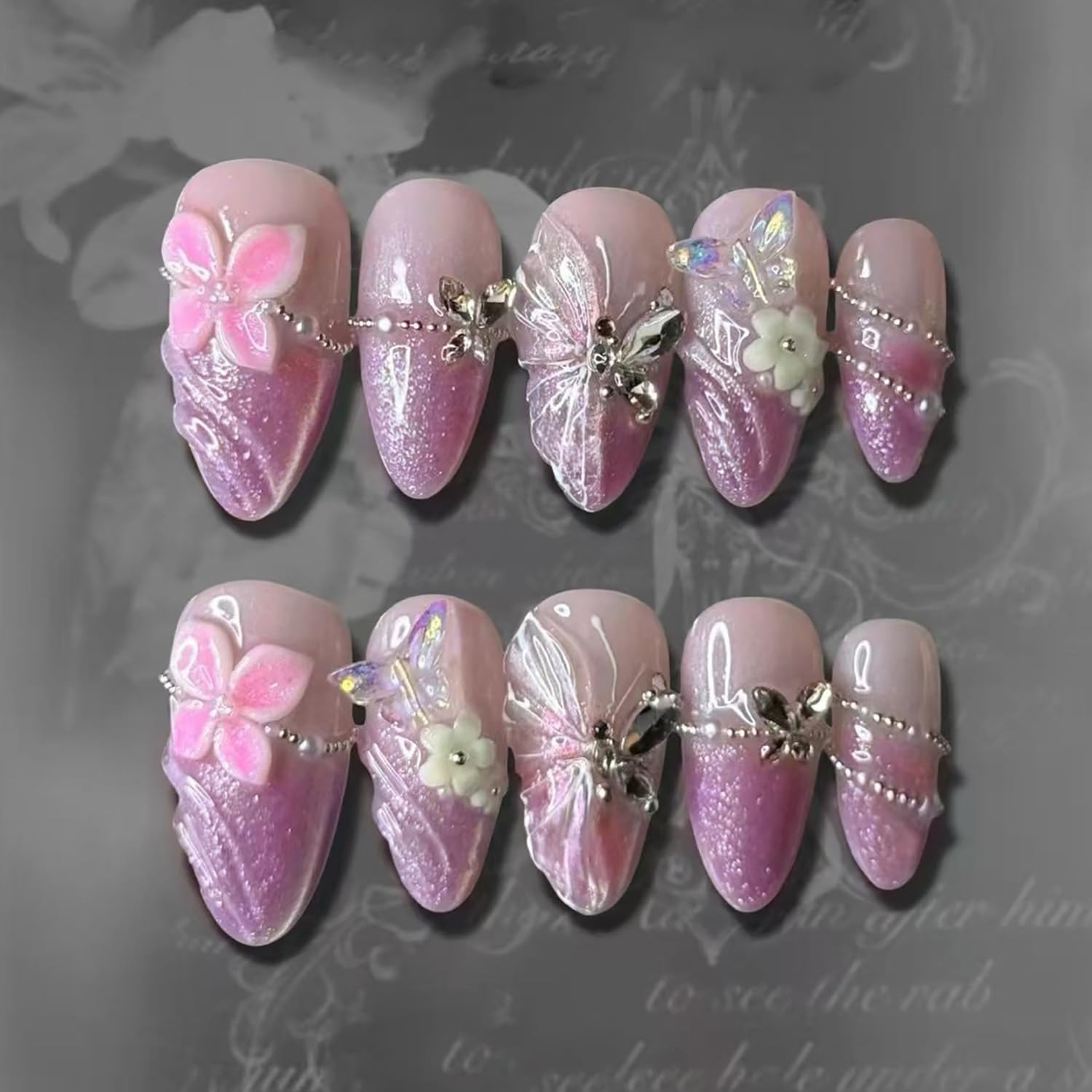 30Pcs Valentines Press on Nails Short Oval Fake Nails with Pink Wavy Stripes Ful
