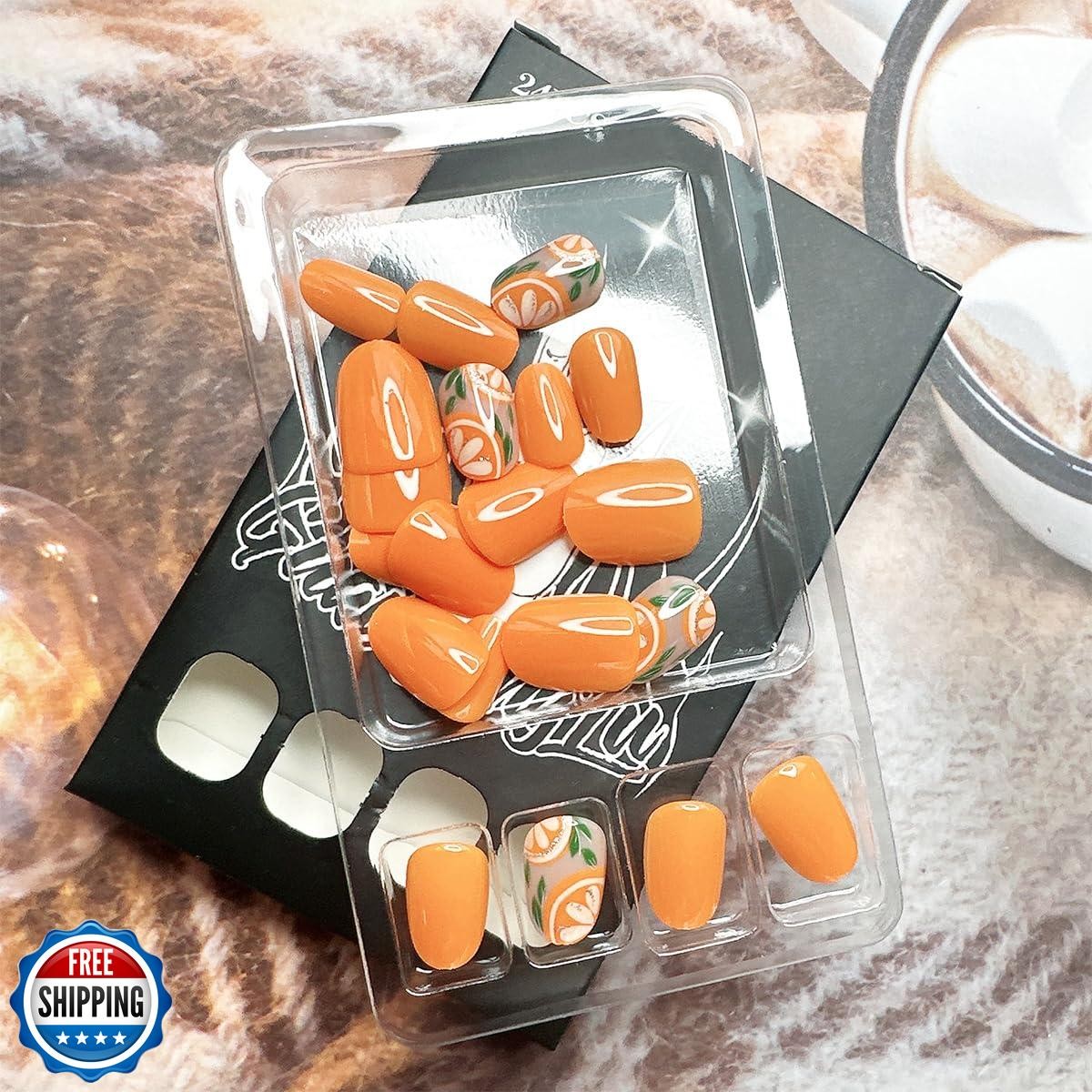 Orange Press on Nails Short Oval Orange Green Leaves Fake Nails with Designs