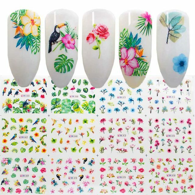 Nail Art Water Transfer Sticker Ink Flower Green Leaves Rose Bird Floral Decals