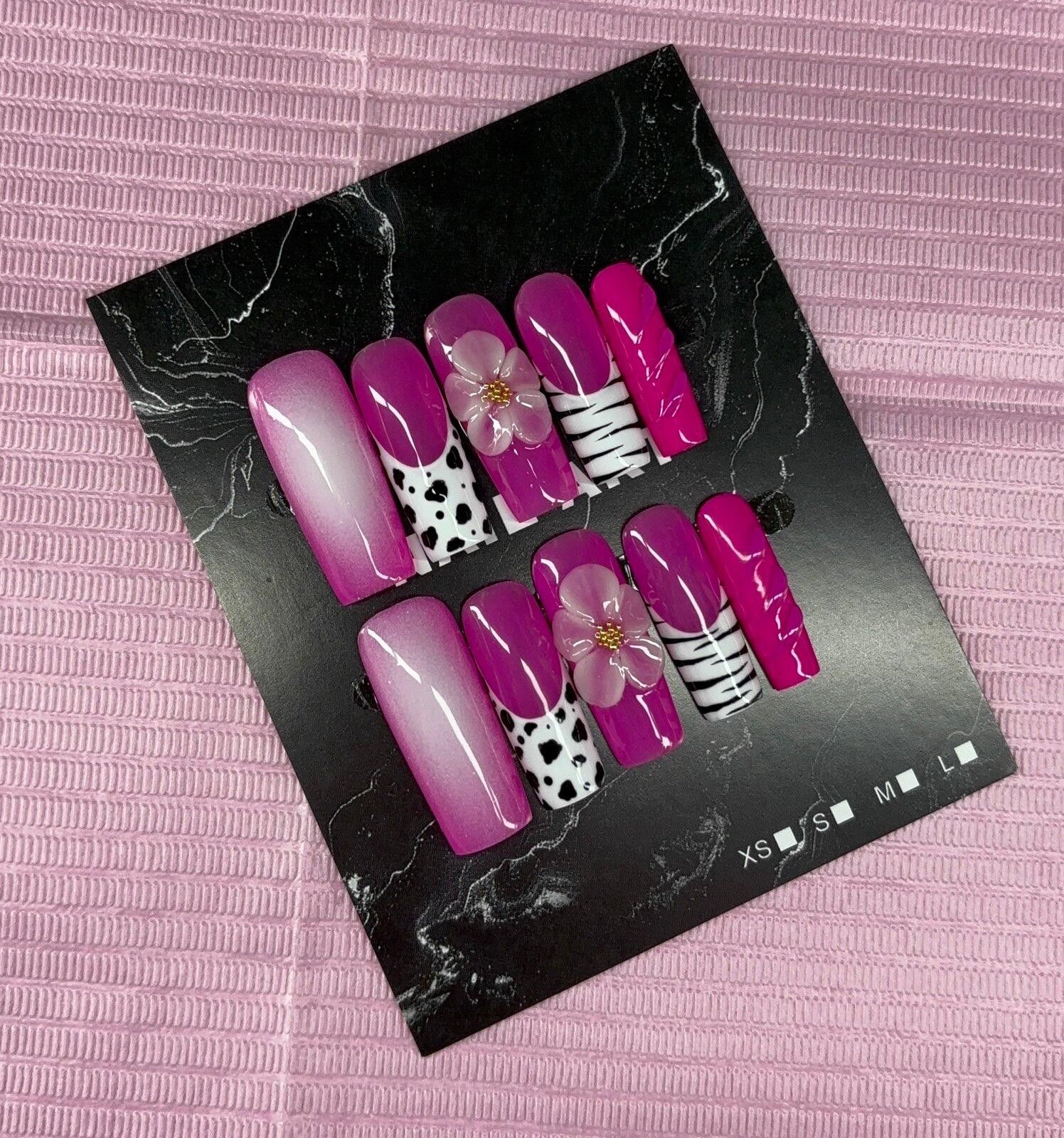Long square press on nails animal print 3d gel flower aura