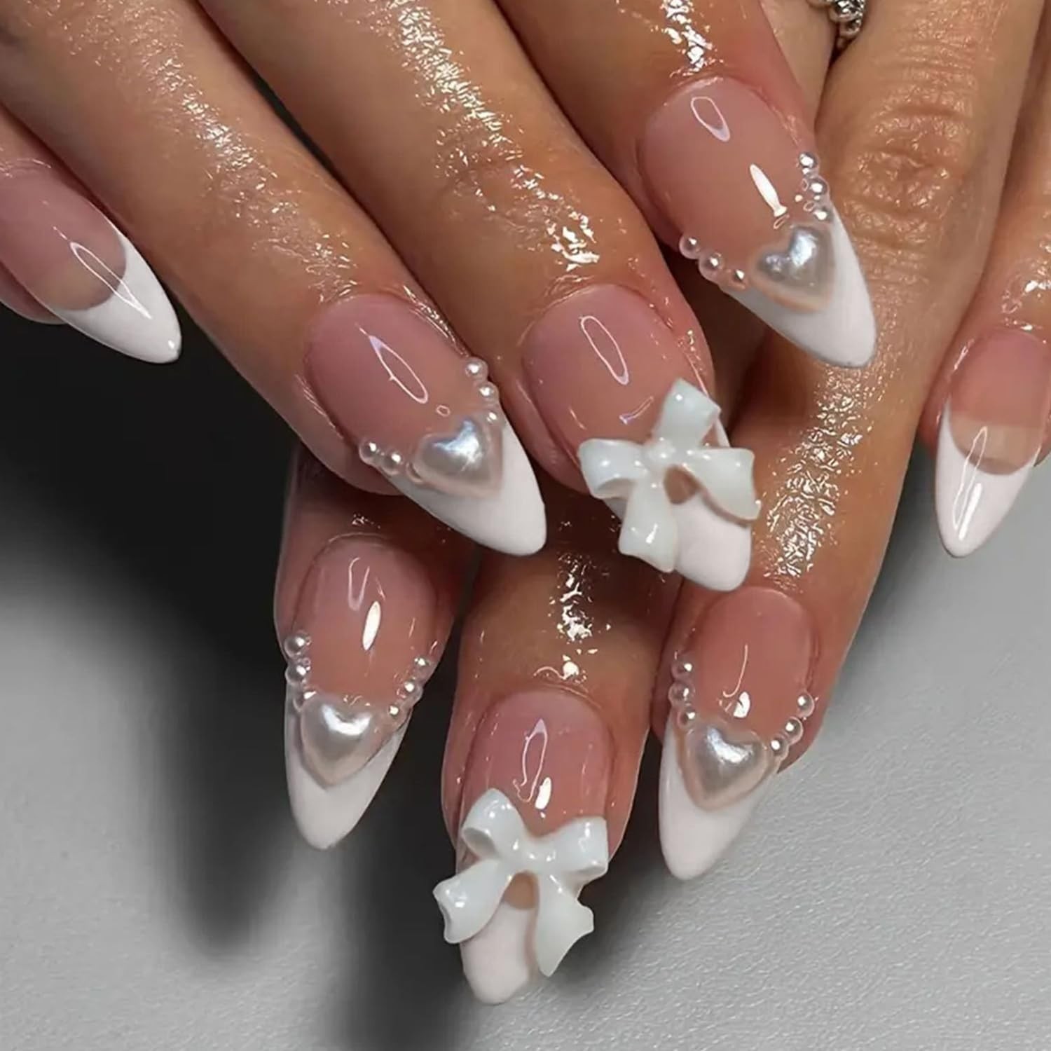 French Tip Press on Nails Almond, French Fake Nails with 3D Bow Pearl Heart D…