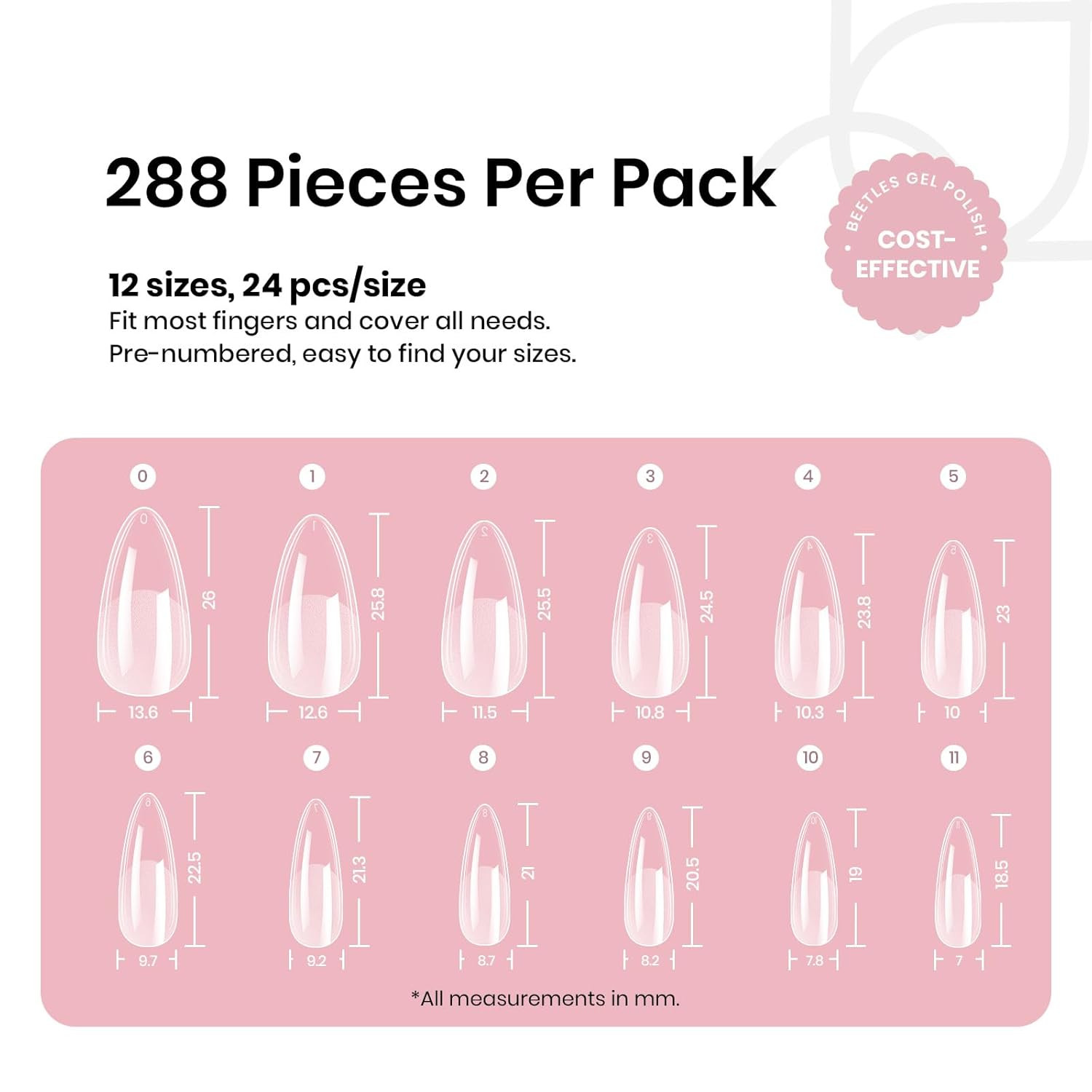 Beetles Gel Nail Tips Medium Almond Etch X, 12 Sizes 288 PCS | Half Matte Press