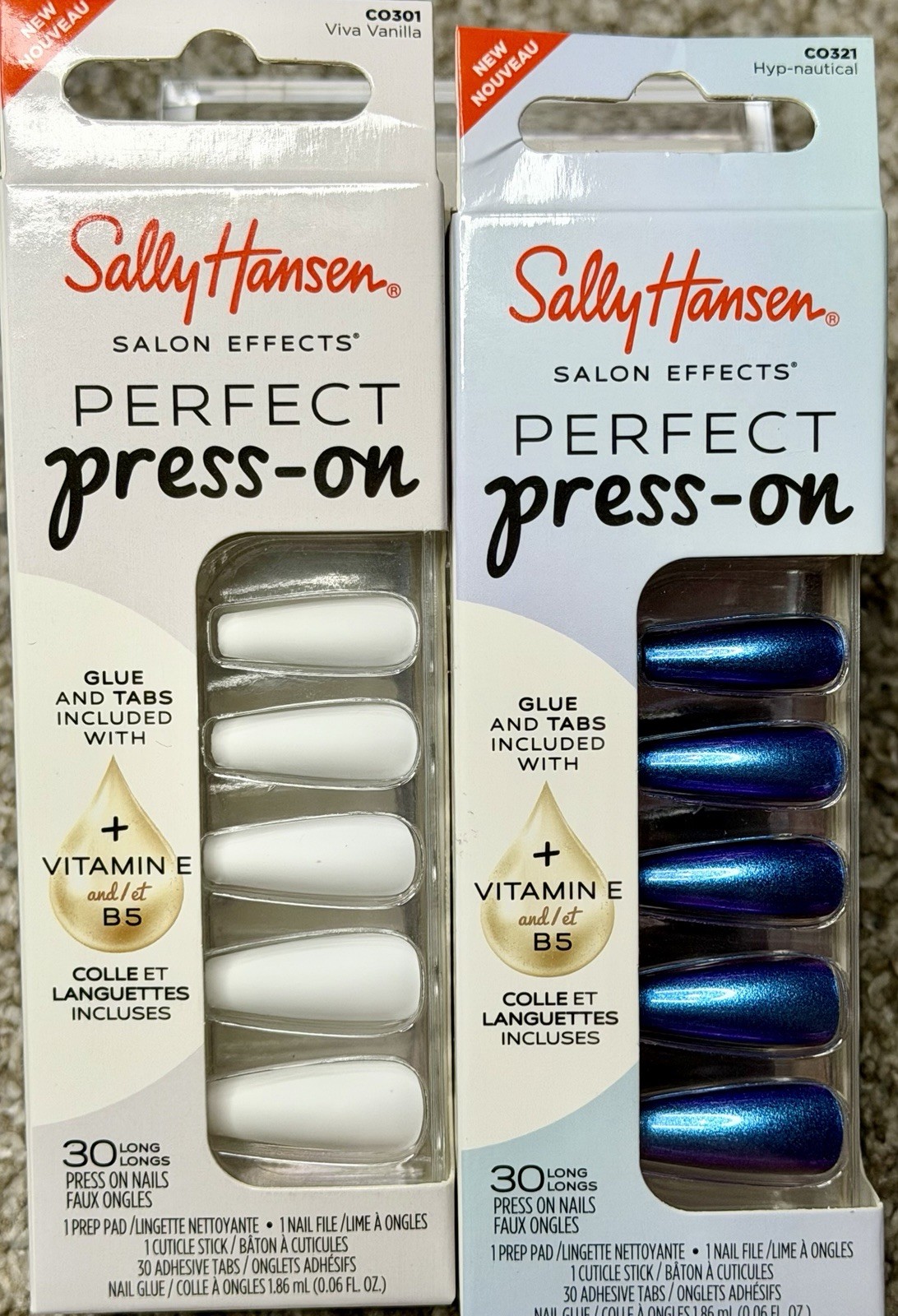 Sally Hansen Salon Effects Press-On Nails Long White Blue Shiny Glue CO301 CO321