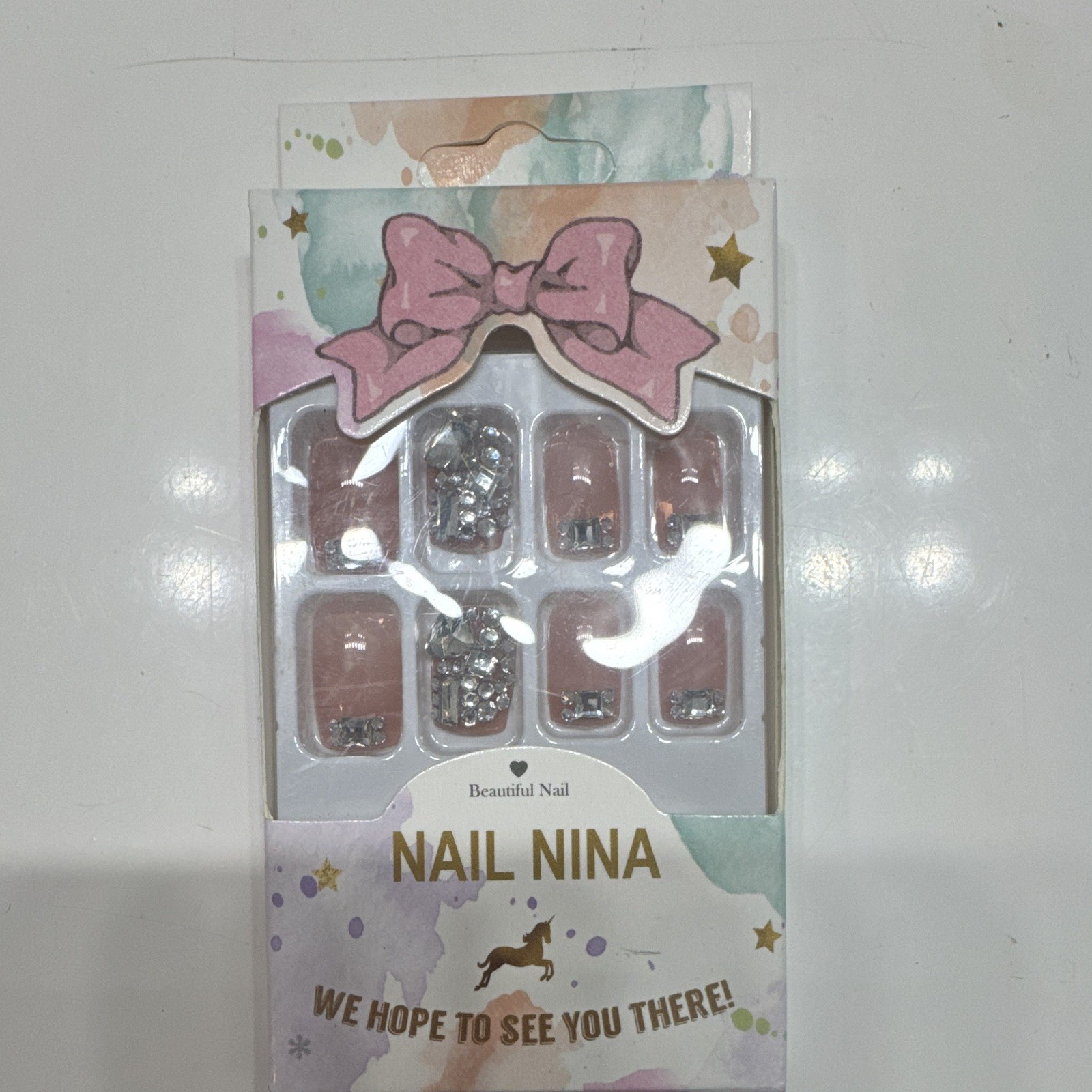 Nail Nina Press-On Nails Pink Silver 3D Shiny Square Full Cover Acrylic Set