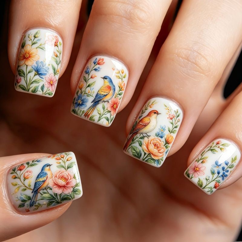 96Pcs Short Square Nails, Cute Cat Unicorn, Flower & Bird Hand Painting