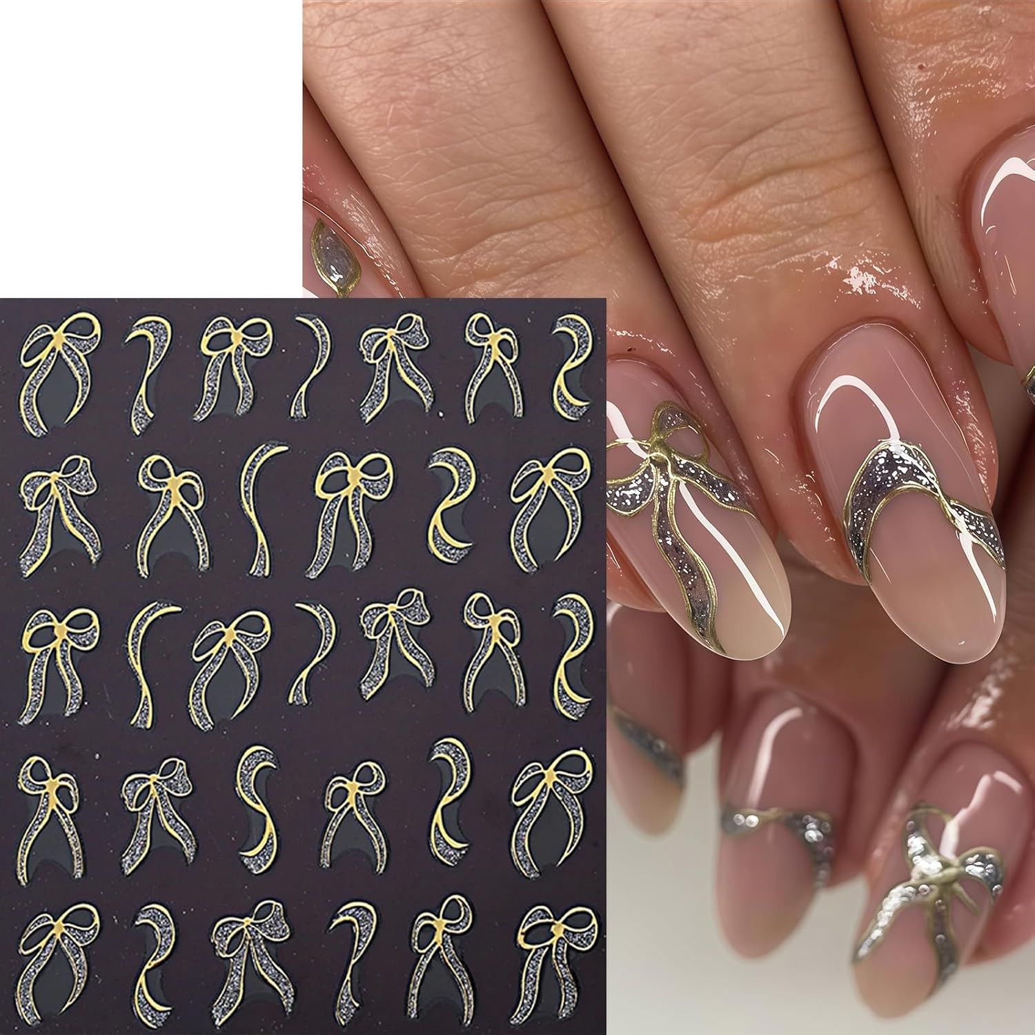 6 Sheets Bow Nail Art Stickers Bows Stickers for Nails 3D Self Adhesive Gold Red