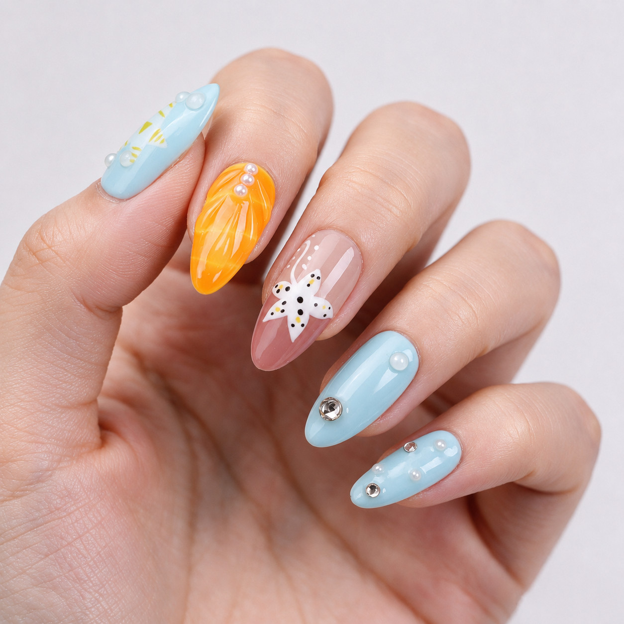 Press On Nails Medium Almond Blue Orange 3D Floral Pearl Summer Beach Nail Set