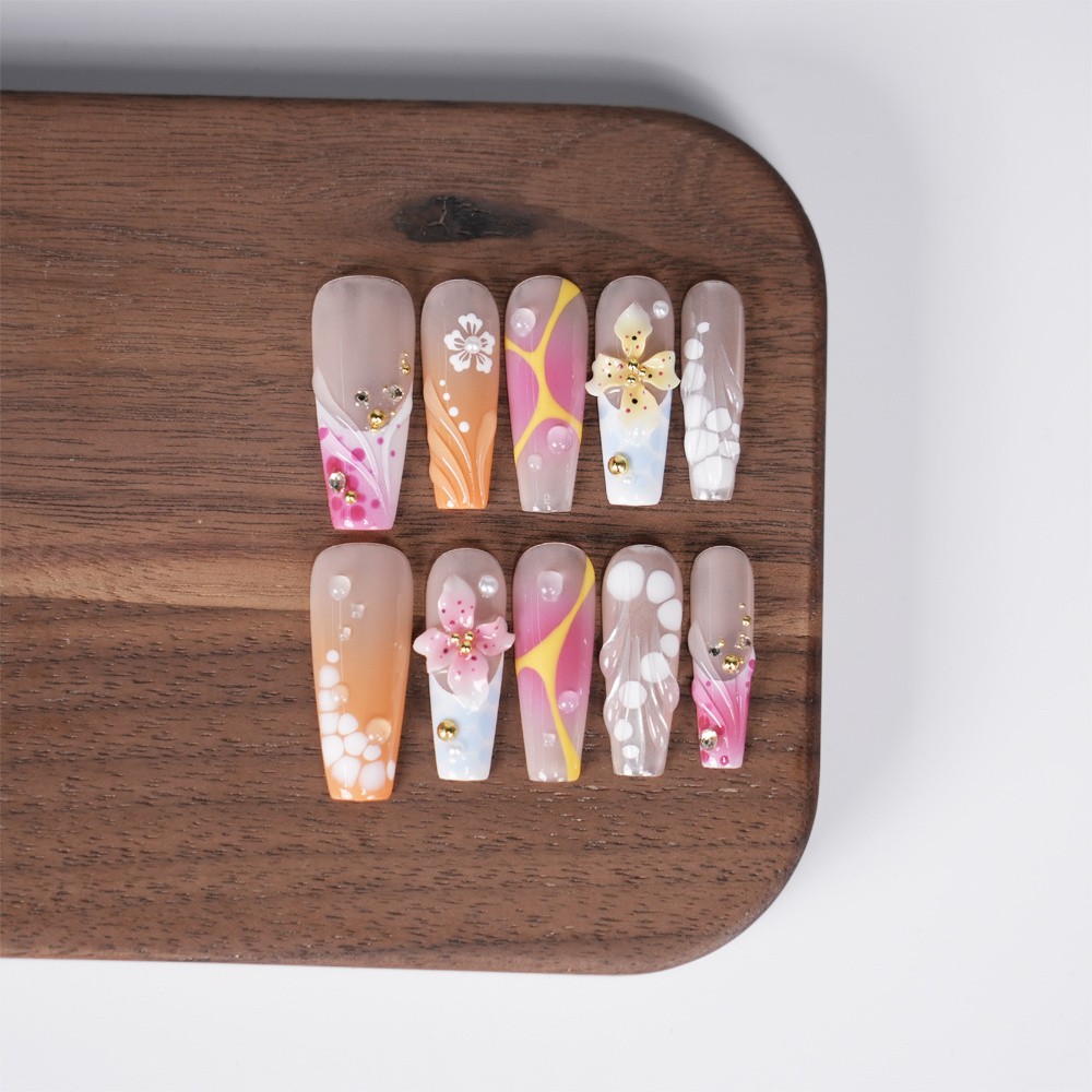 Handmade Orange Pink Gradient Floral Press on Nails Hand Painted Fake Nails