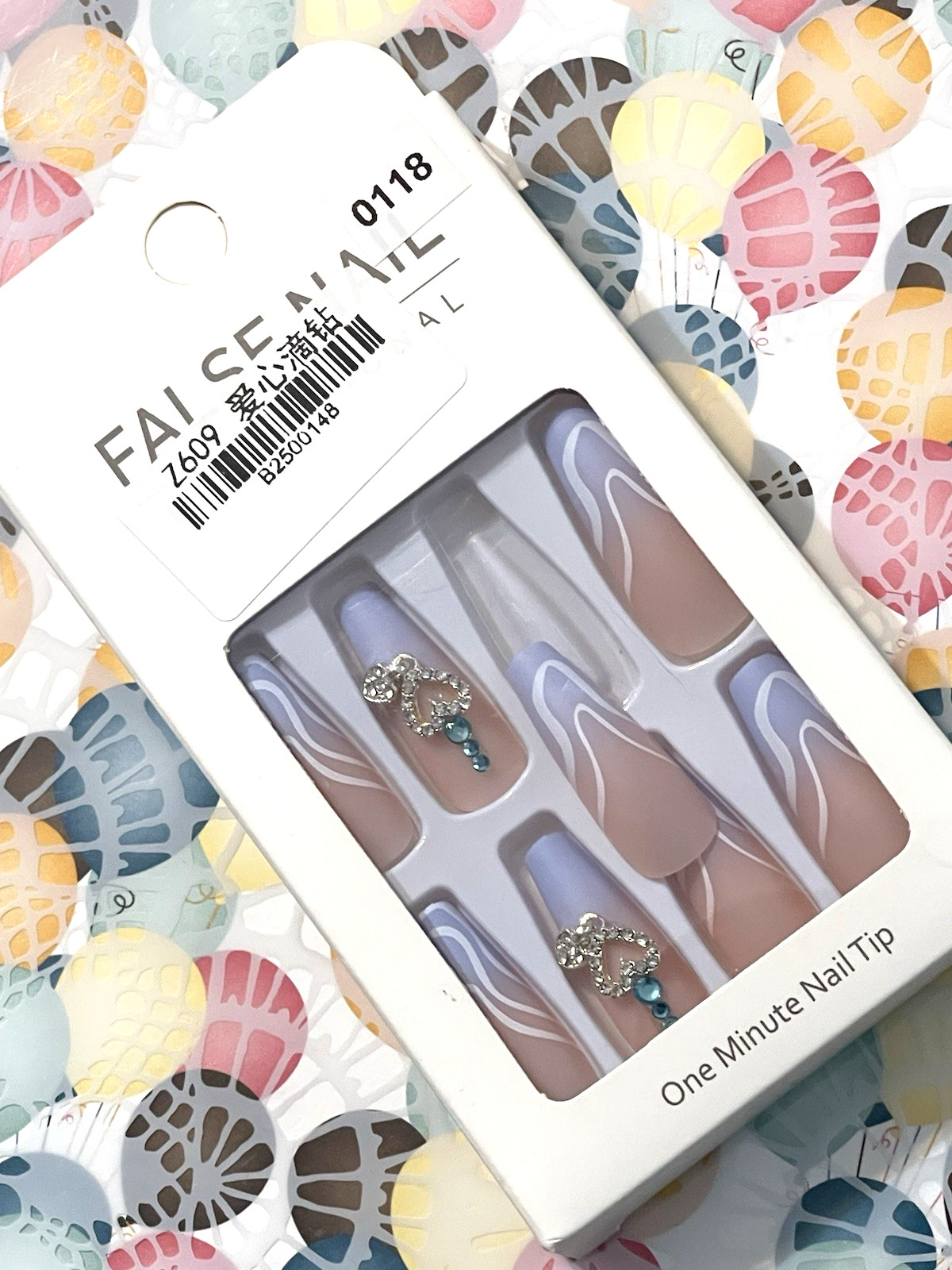 False Nail Professional NUDE LIGHT BLUE OMBRÉ with WHITE SWIRLS & HEART CHARM