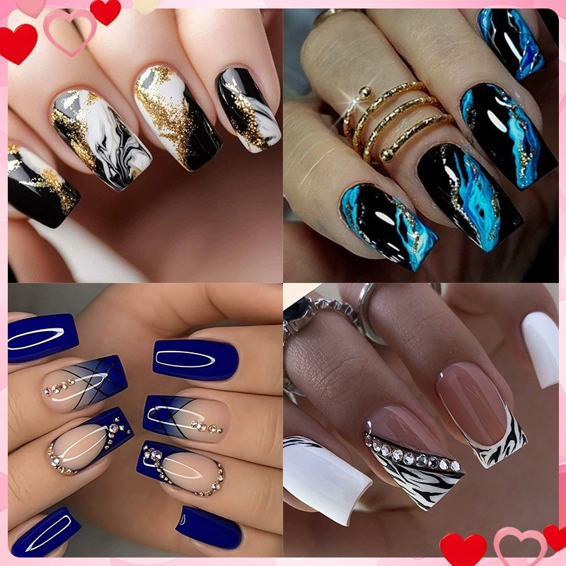 96PCS Luxury Blue White Diamond Black Gold Marble Pressure Nails Reusable Nail