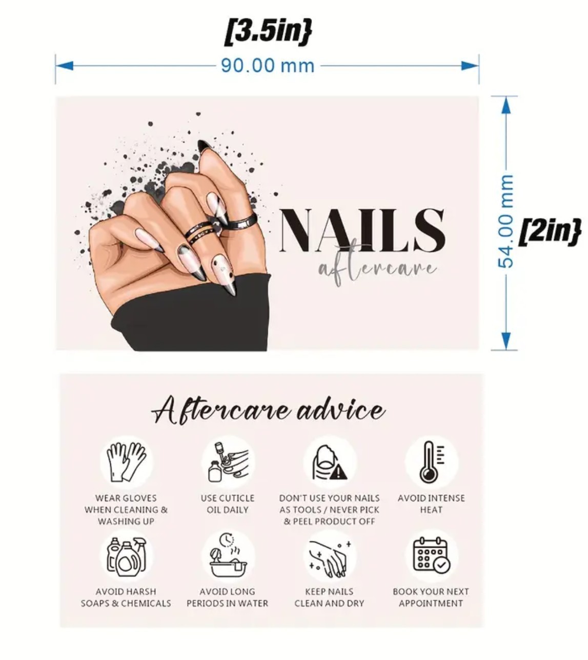 50 Nail Aftercare Cards Matte Light Pink & Black Business Card Size Salon Supply