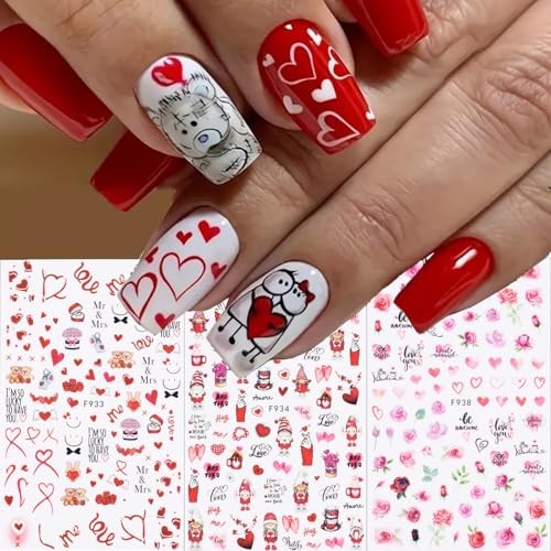 Valentine’s Day Nail Art Stickers Decals 6Pcs Heart Nail Art Valentines Style-6