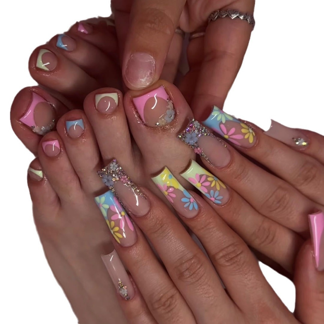 Finger and Toe Press-On Fake Nail Rainbow Flowers Diamonds French Manicure 48pcs