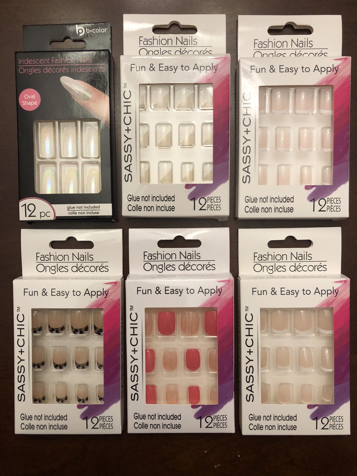 6 SETS PRESS ON NAILS Neutral French Leopard Natural Gold Coral Pink Iridescent