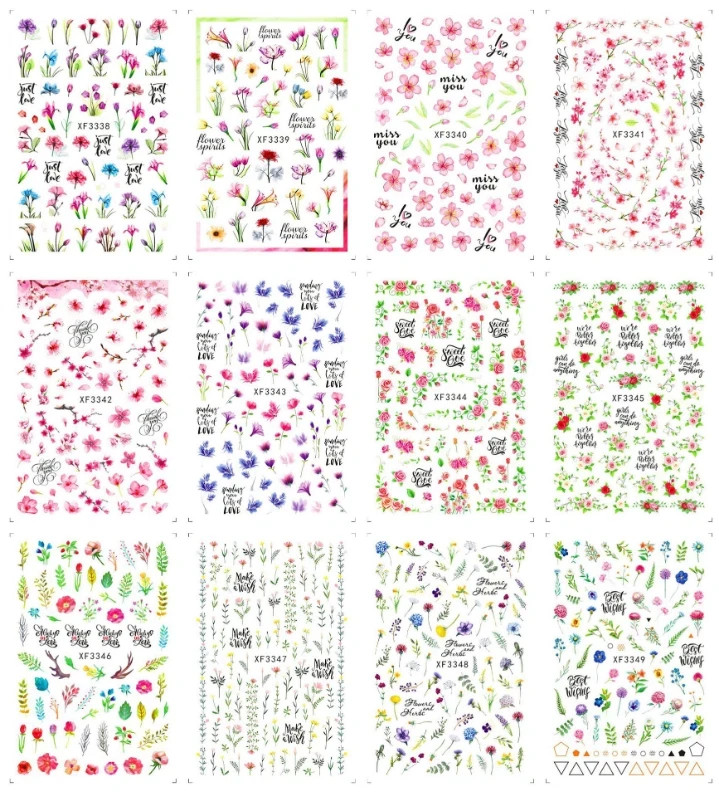 12Pcs Nail Stickers Waterproof Red Cherry Tulip Rose Decal Flower Peel Off NS36