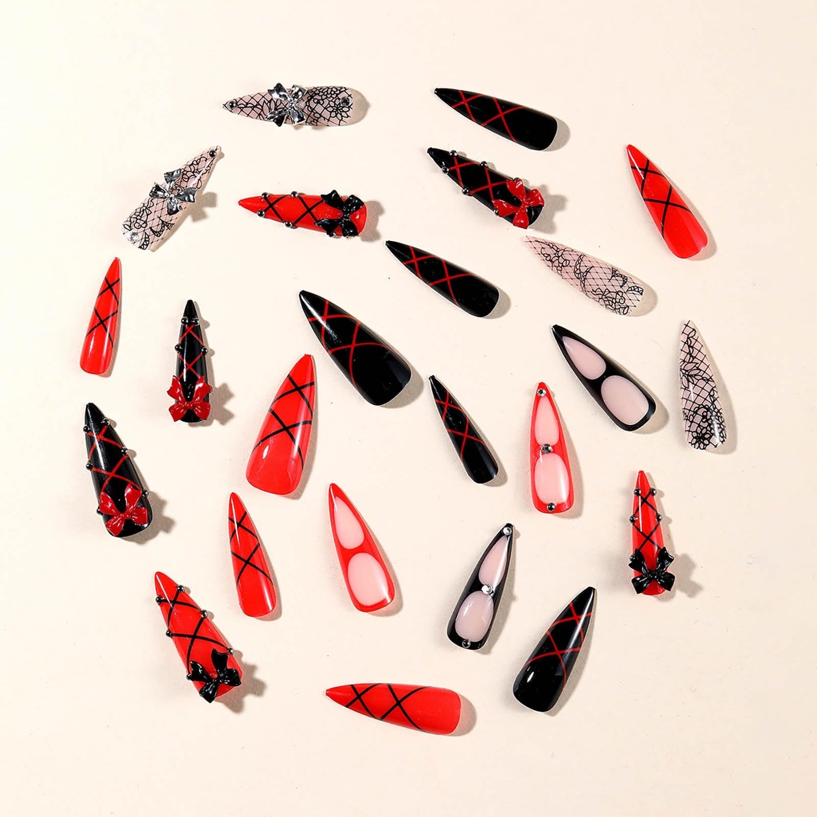 Red Black Lace Bow Long Stiletto Press On Nails, Gothic Fake Nails