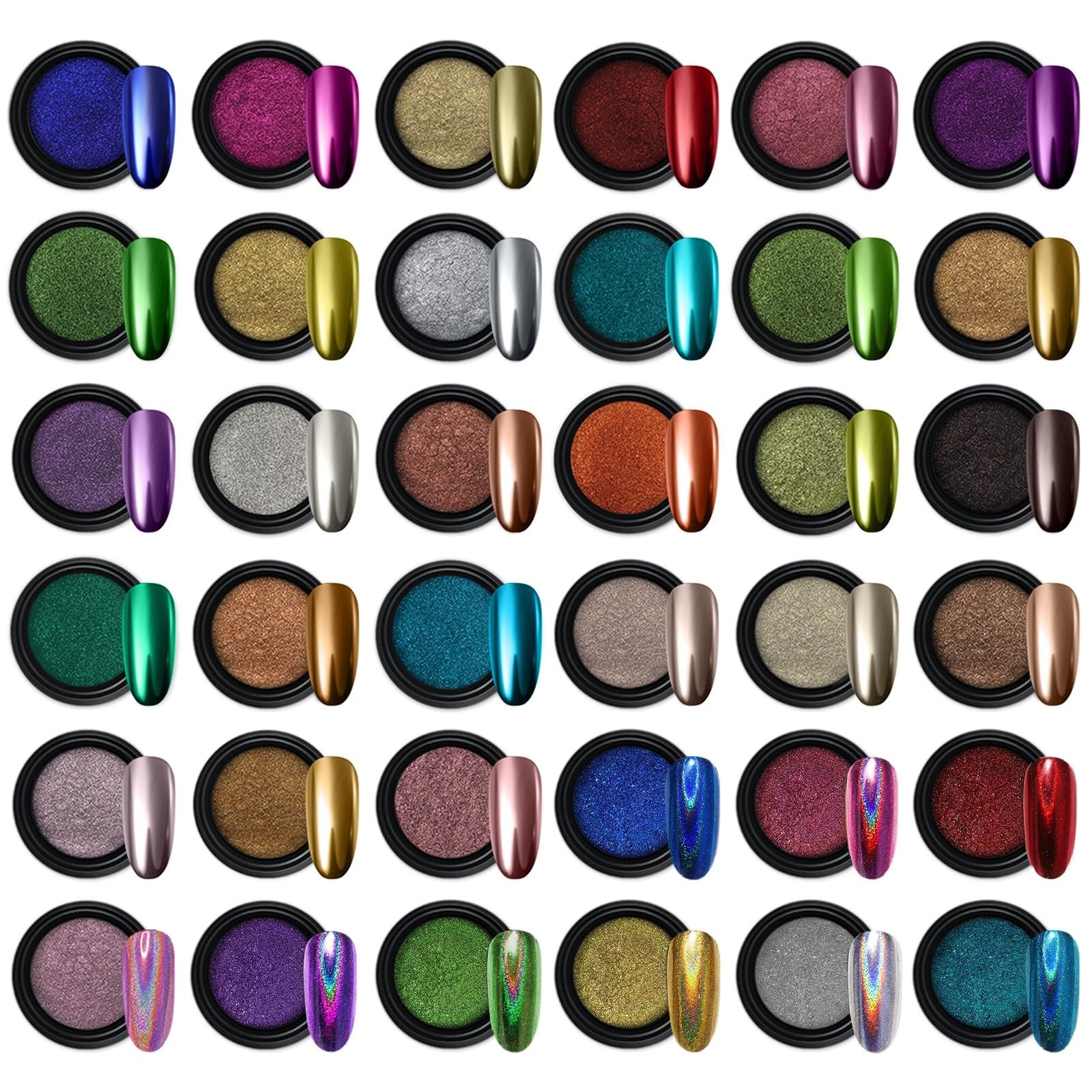 36 Jars Nail Powder Set – Metallic Mirror Holographic Chameleon Pigment for Nail