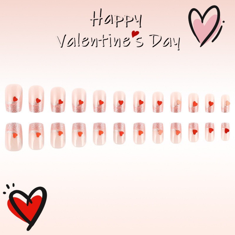 24pcs Short Pink Heart Glitter Nails. Shiny, Reusable for Parties & Any Occasion