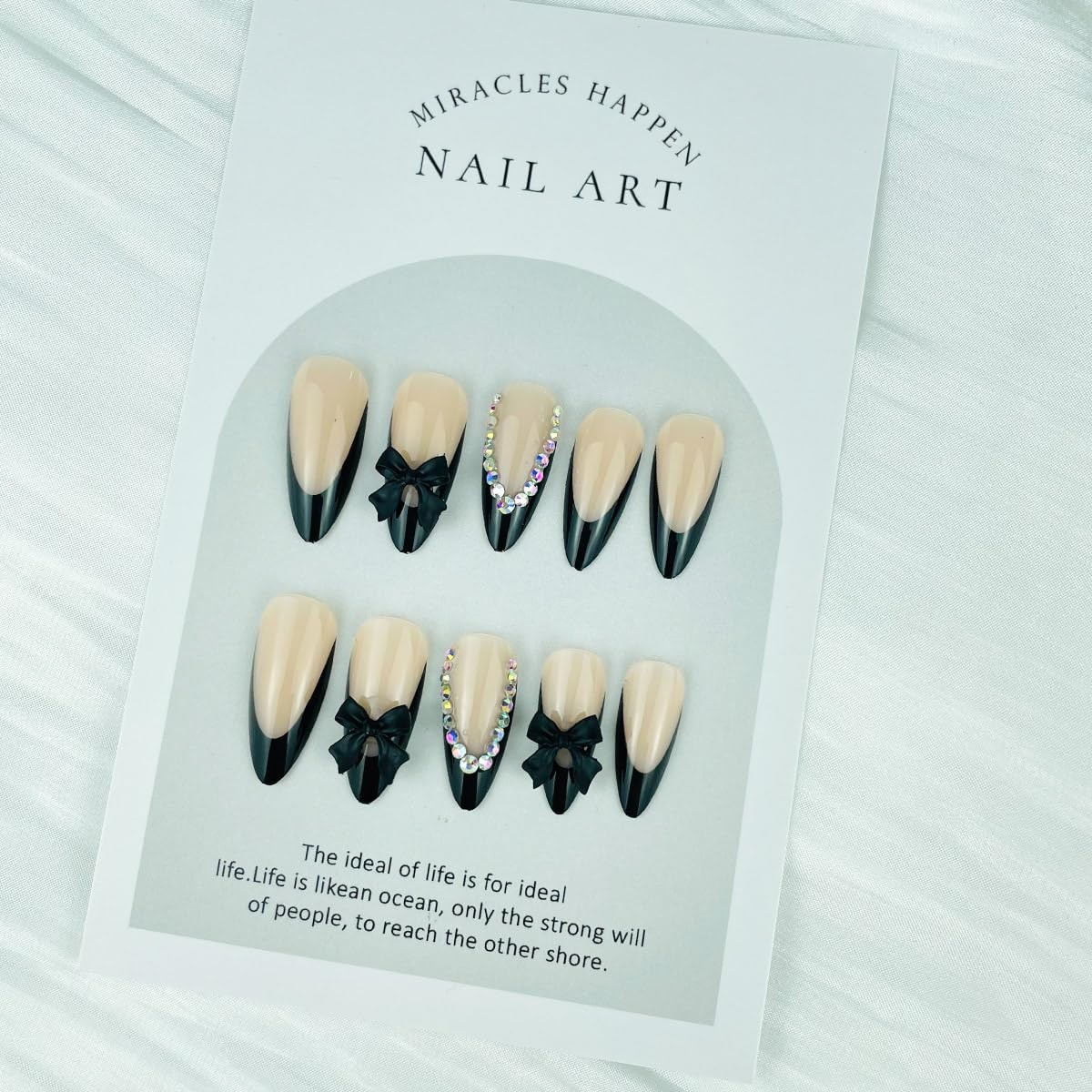 24pcs Press On Nails Medium French Tip Black Almond Shape Fake Nails 3D Bow A…