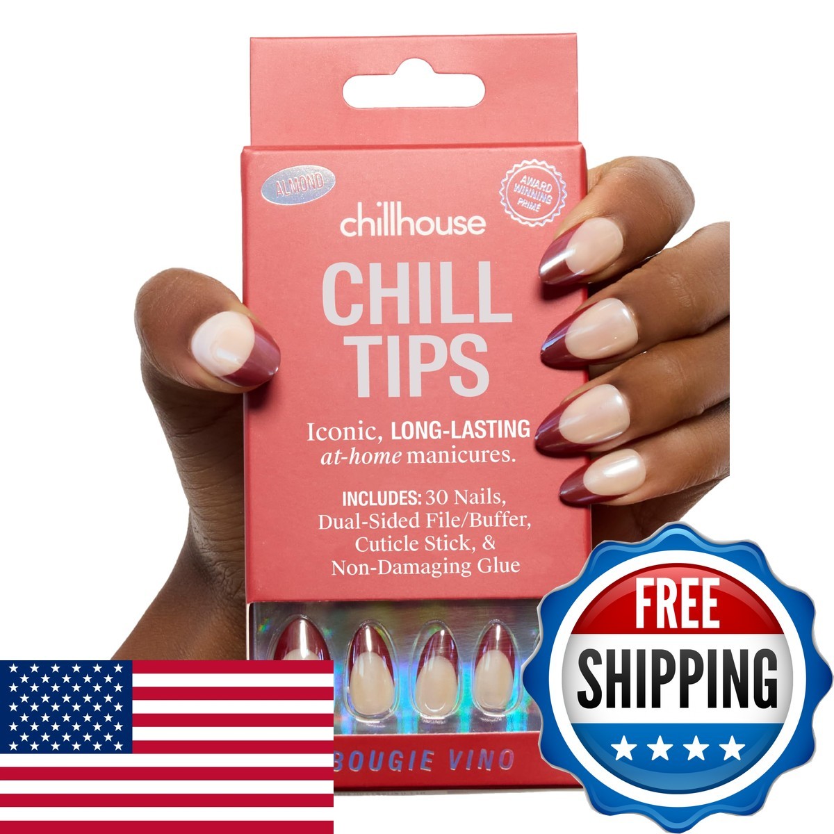 Chillhouse Chill Tips French Tip Press On Nails Kit – Bougie Vino (Almond) – 30
