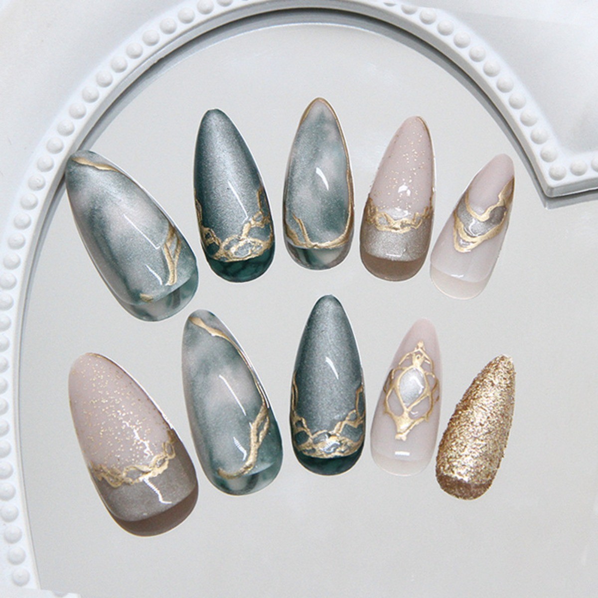 48Pcs-Long Almond Teal Ink Marble Metallic Gold Frame Rhinestone Press on Nails