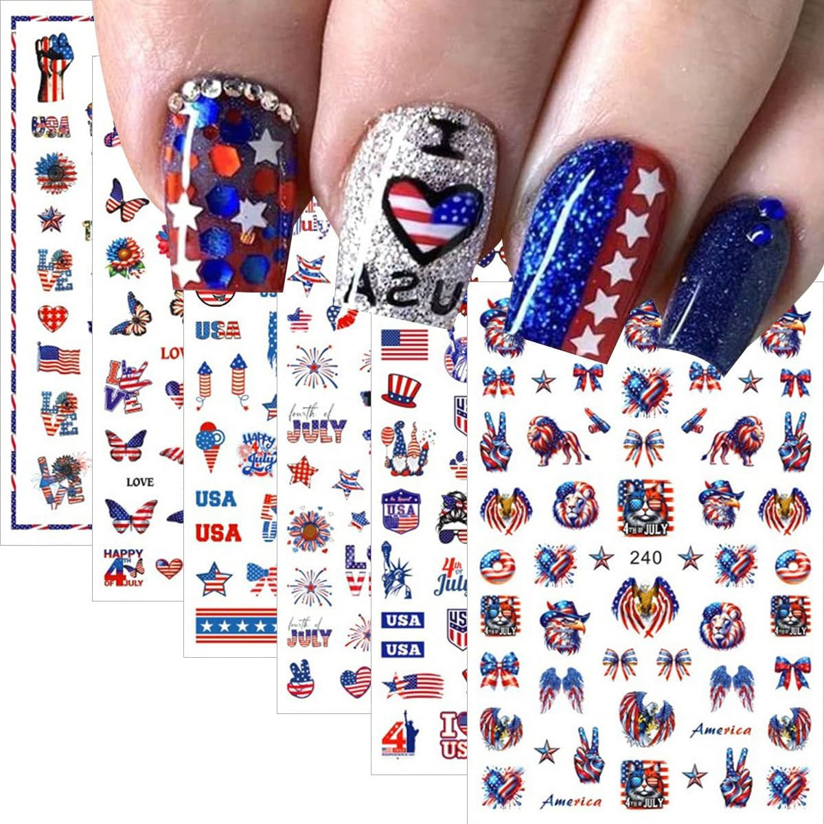 6Pcs 4Th of July Nail Art Stickers Decals Red Blue White Flag 3D Self-Adhesive N