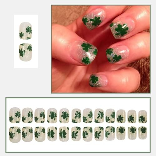 St. Patrick’s Day Press-On Nails with Glitter Designs, Short Square Fake Nails