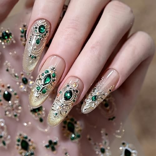 Gold Nail Art Stickers 5D Embossed Green Gem Nail Stickers Luxury Self Style-31