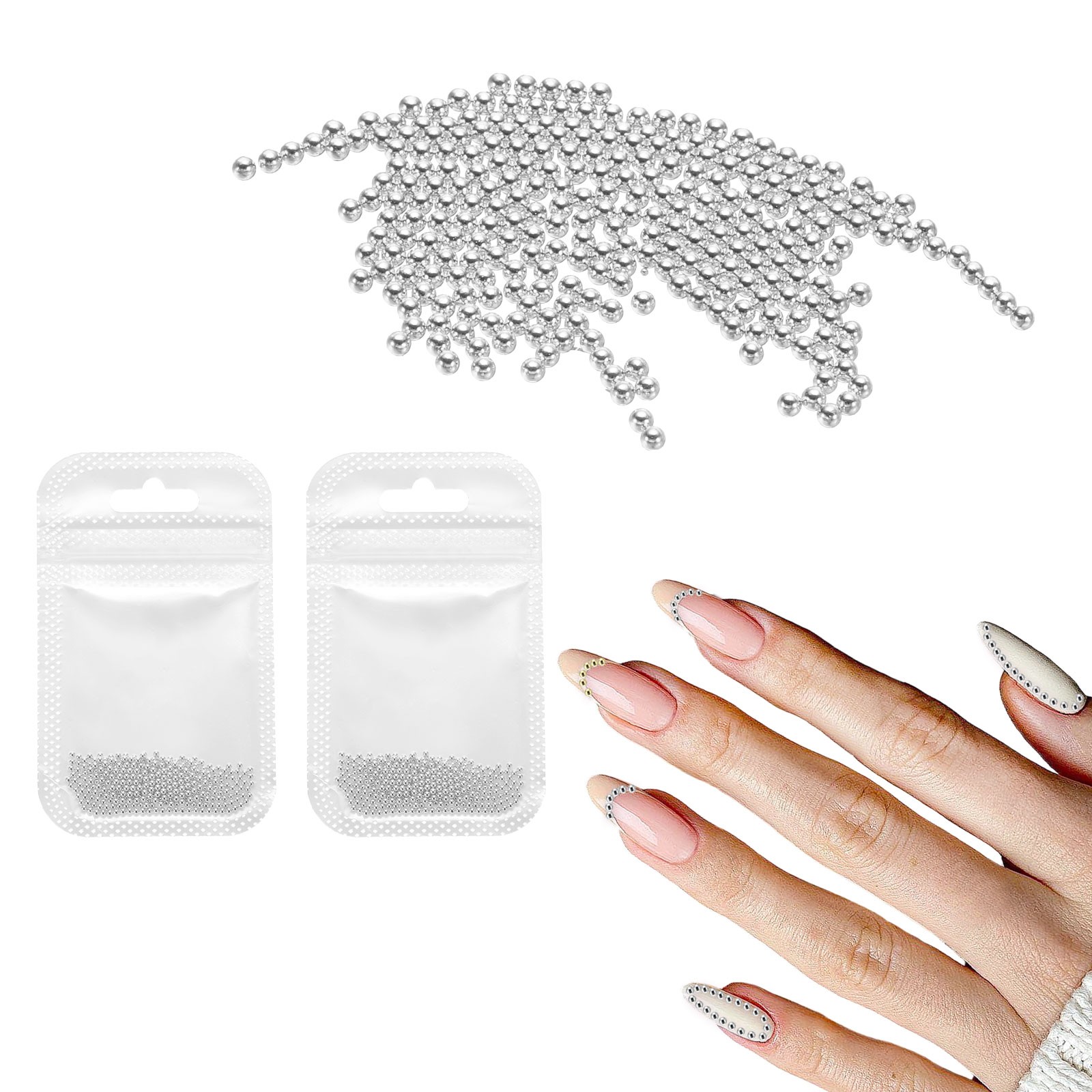 2pcs Nail Art Beads 0.06″ Mini Metal Caviar Nails Beads Ball with Bag, White