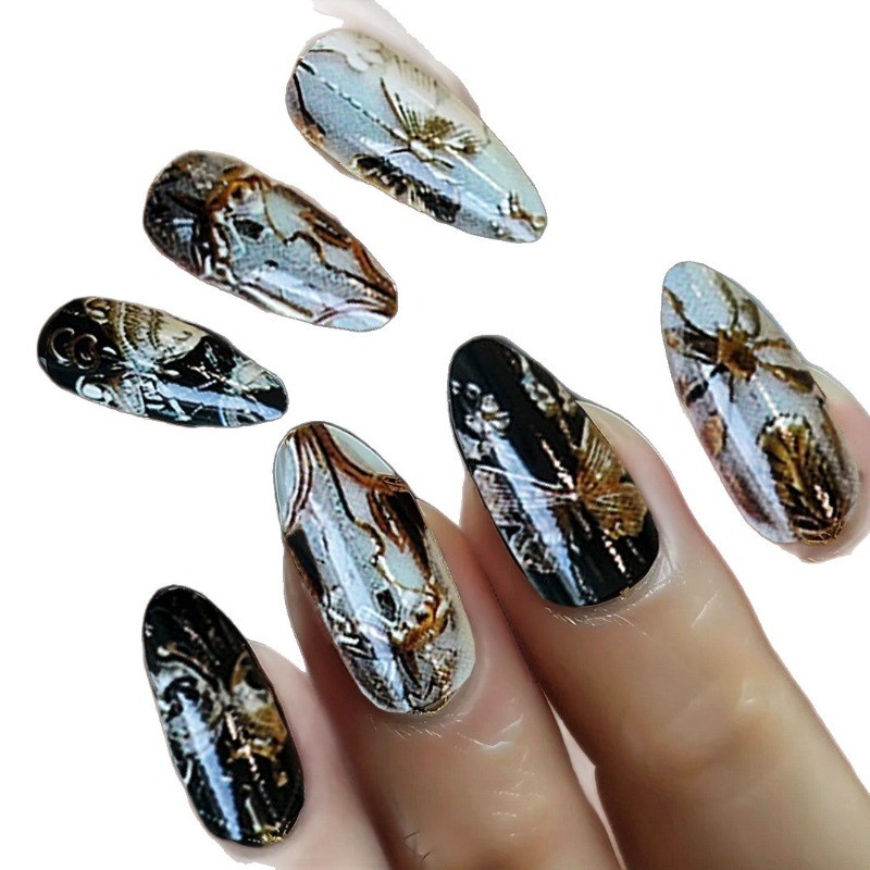 48pcs-Abstract Gold Foil Press on Nails, Almond Black & White with Art Design