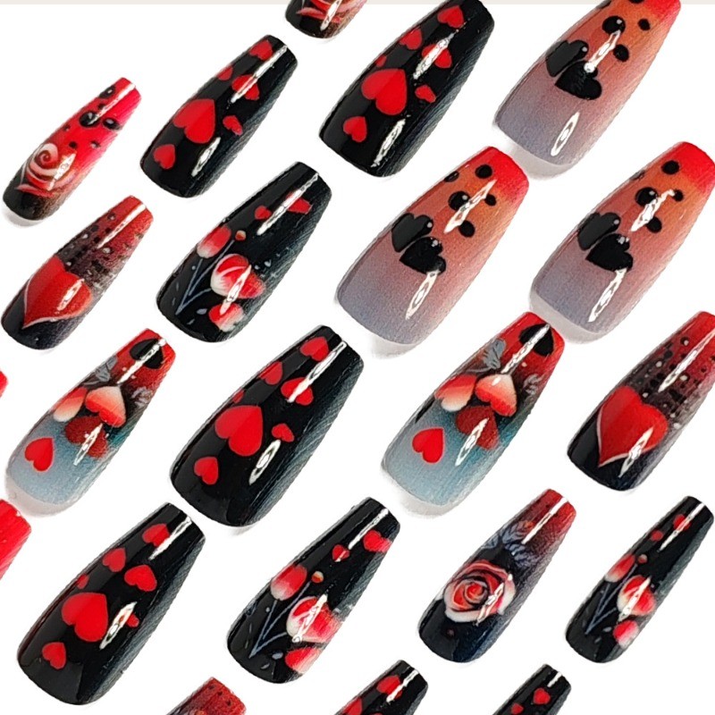 48 PCS of ballet rose heart red and black polka dots suitable for women’s nail