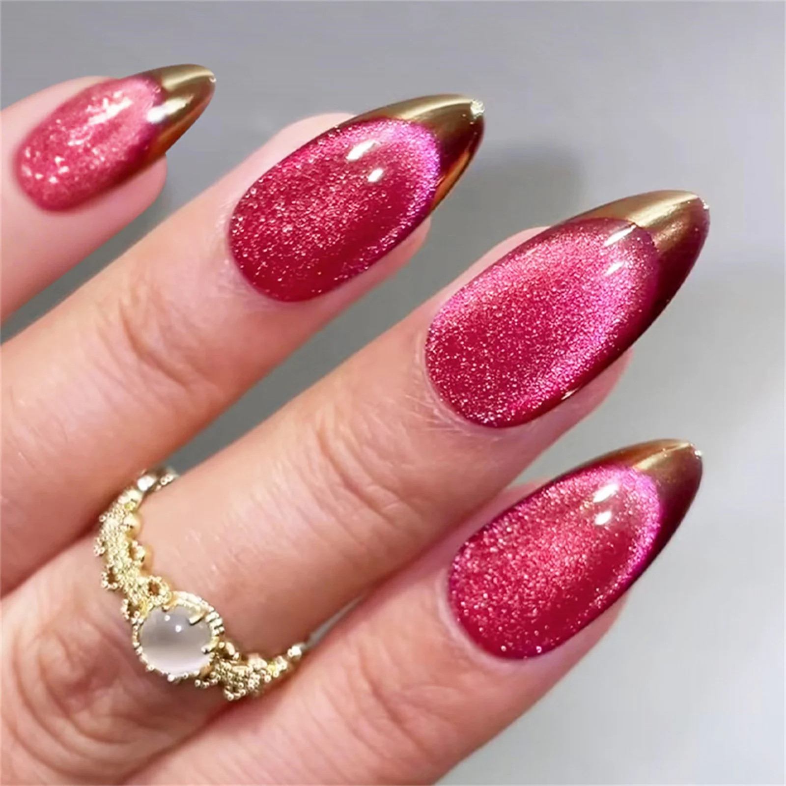 24Pcs Lake Blue Glitter Sequins French Almond Press On Nails