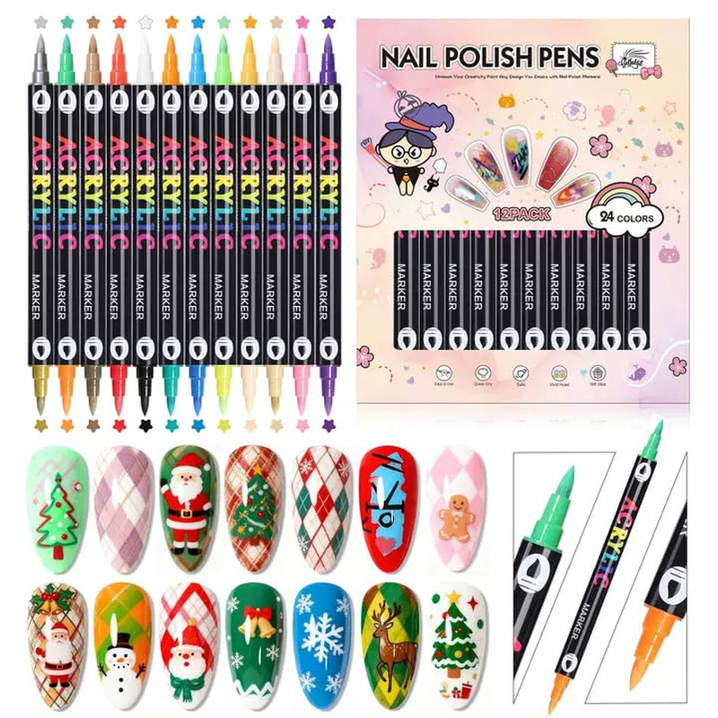 24-Color Nail Art Pens Set, Dual-Tip Quick Dry Non-Toxic for DIY Designs