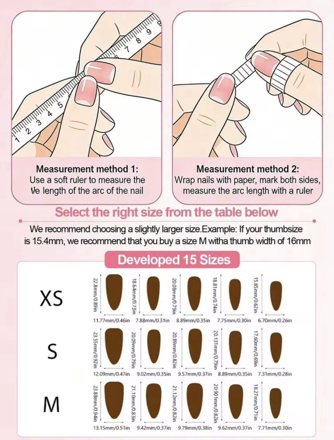 Press-On Nails Full Cover Pre-Designed 3D Oval Medium Brown White Pink Stars