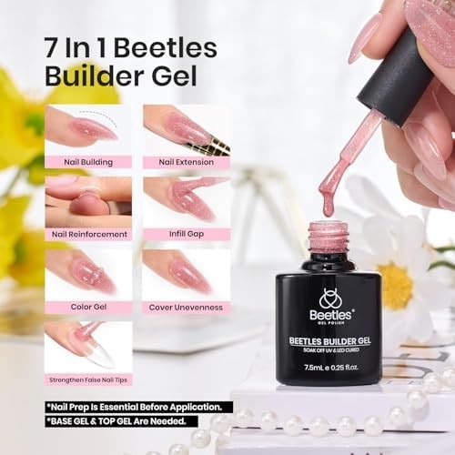 Beetles Builder Gel Set,6 Colors Glitter Shimmer 7 in 1 Nude Pink White Nail Thi