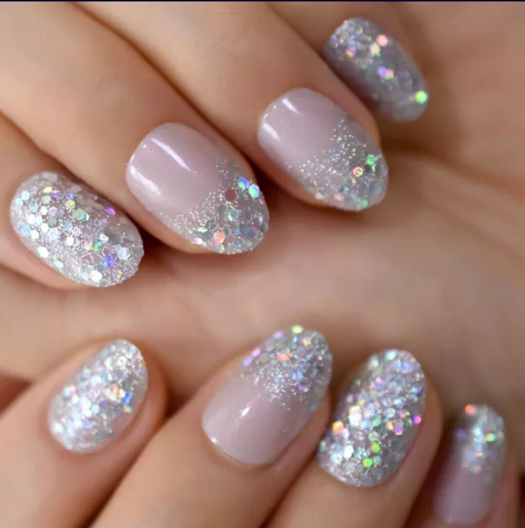 24 pink nude Short Press on nails Holographic glitter oval almond iridescent