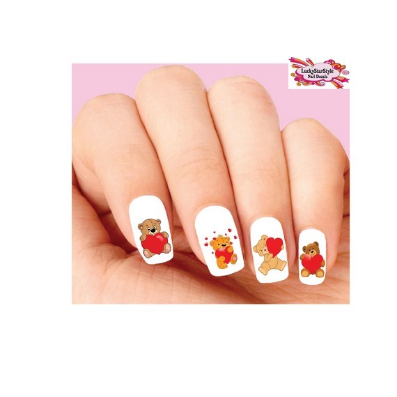 Waterslide Nail Decals Set of 20 – Valentines Teddy Bear with Hearts Assorted