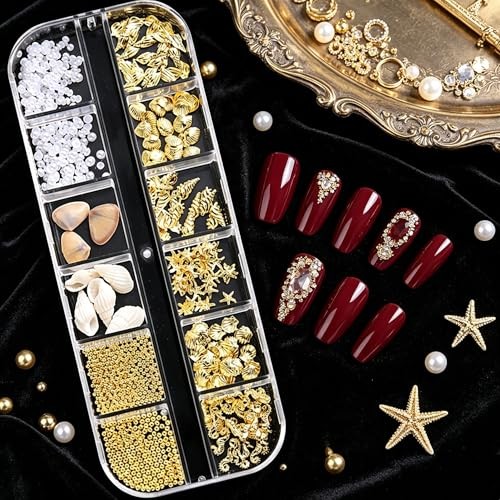 12 Grids Summer Nail Charms 3D Steel Studs Metal Art Charms Pearls white