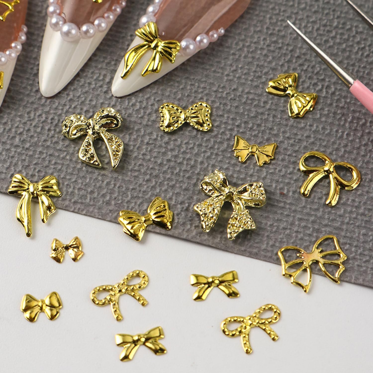 12Grids Gold Bow Nail Charms 3D Metal Bow Nail Art Charms Cute Bow Knot Nail Rhi