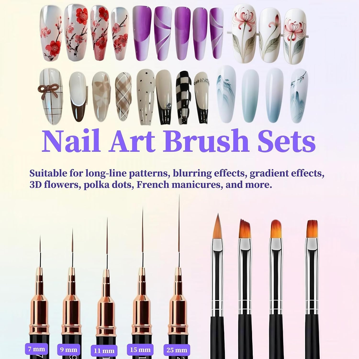 9Pcs Nail Art Brushes Set, 5 Art Liners & 4 Multi Shape Gel Builder Brushes | Si