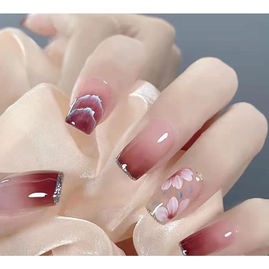 48Pcs Square Press on Nails, Wine Red Gradient Nails with Cherry Blossom Pattern