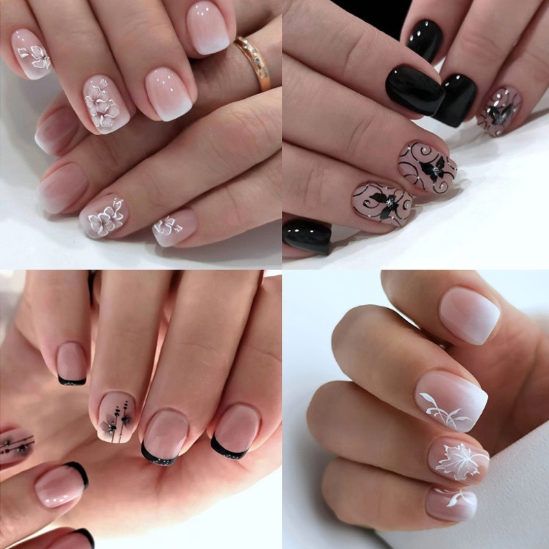 96PCS Elegant Floral Pattern Press on Nails Gradient French Reusable False Nails