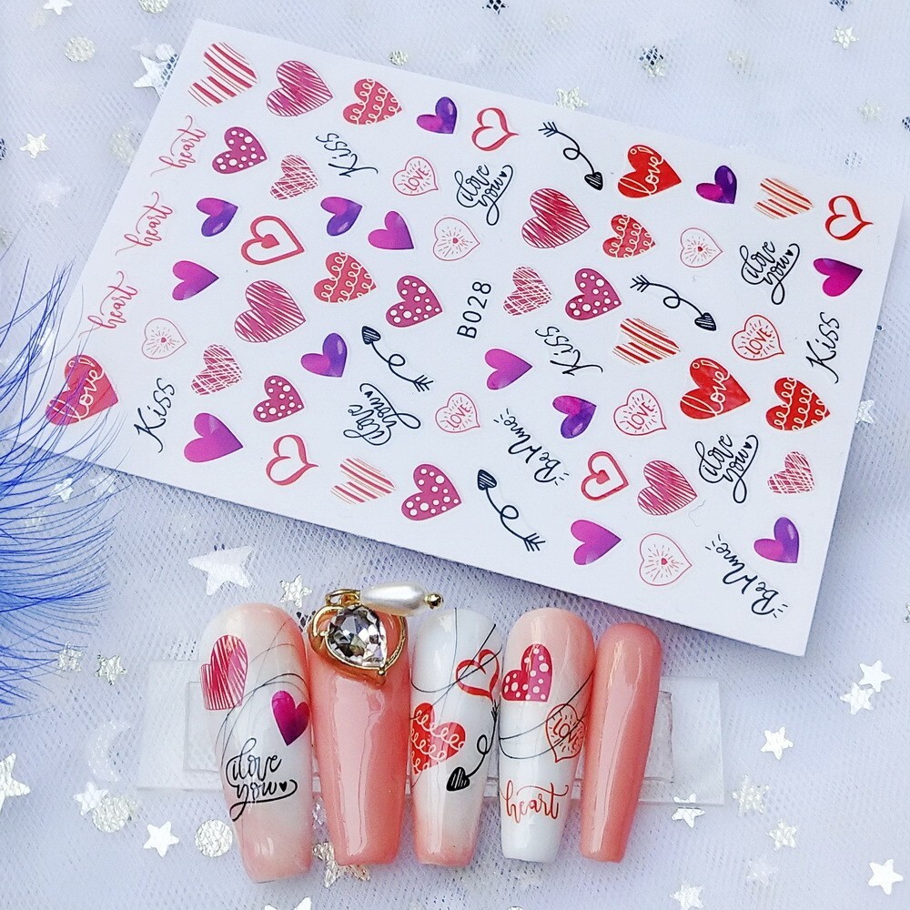 12 Sheets Valentines Nail Decoration Heart Love Self-Adhesive Slider Letters NH4