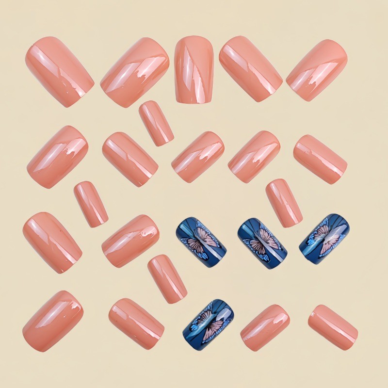 48Pcs-Long Square Nude White Line Black Butterfly Printed Press on Nails Set