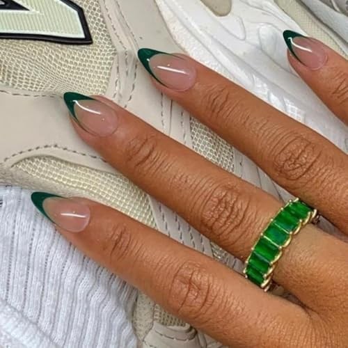 30 Pcs Dark Green French Tip Press on Nails Short Almond almond dark green